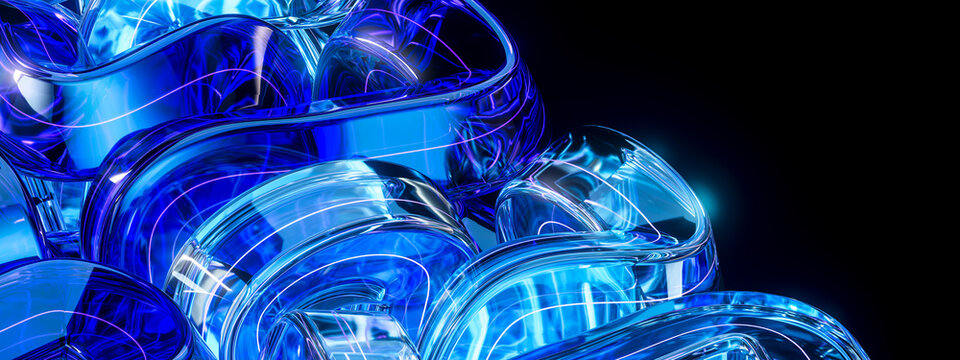 Abstract blue glass creates a glowing 3d maze with copy space