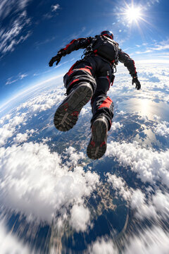 Skydiver Freefalling Above Clouds