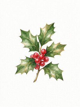 Watercolor illustration of holly leaves with red berries for Christmas