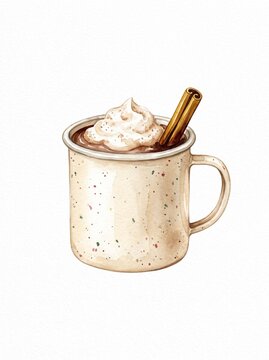 Watercolor illustration of mug of hot cocoa with whipped cream and cinnamon