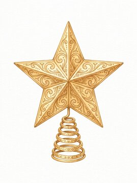 Watercolor illustration of gold star Christmas tree topper