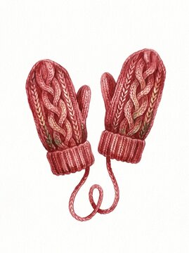 Watercolor illustration of red cable-knit mittens for winter and Christmas