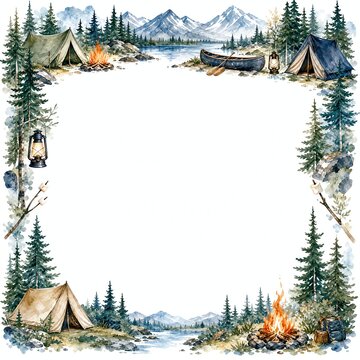 Watercolor Camping Frame With Tents Campfire Canoe And Pine Trees