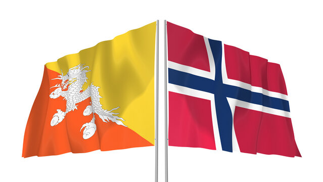 Bhutan and Norway flags waving with transparent alpha png background