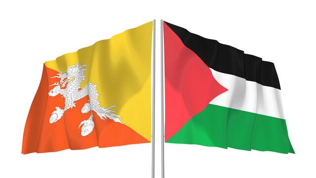 Bhutan and Palestine flags waving with transparent alpha png background