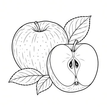 Fresh apple fruit with core slice and leaves line art coloring page vector illustration