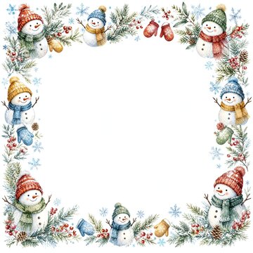 Christmas Watercolor Snowmen And Pine Border On All Four Sides