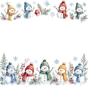 Watercolor Row Of Snowmen Bottom Border With Snowflake Accents