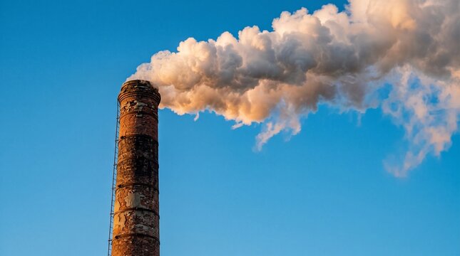 Industrial smoke stack emitting thick white smoke into a clear blue sky, symbolizing air pollution and environmental impact. Factory chimney releasing exhaust fumes