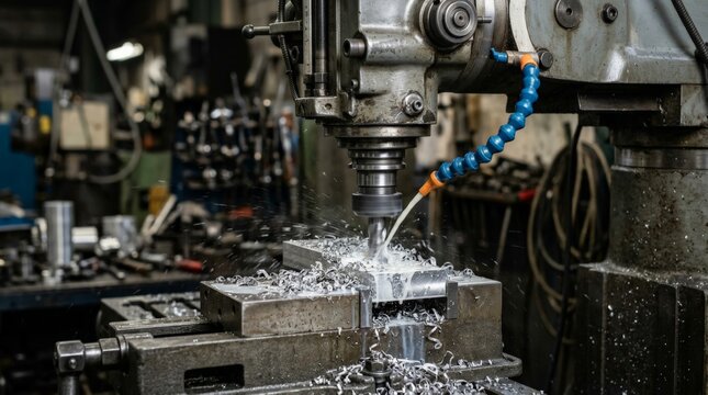 A close up view of a vertical milling machine in operation as cnc machine coolant flows onto the metal workpiece while metal shavings scatter across the industrial workshop