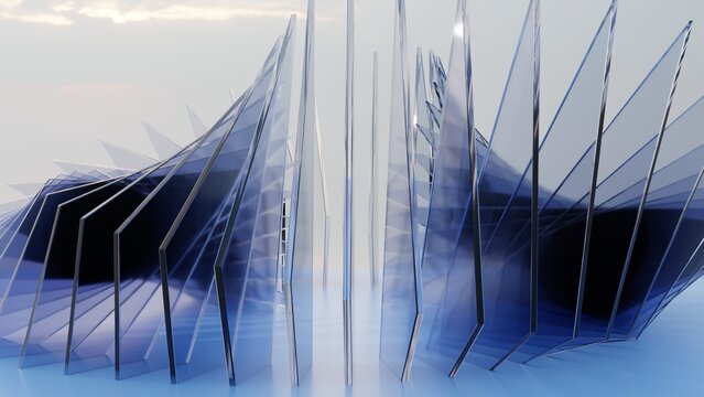Abstract Blue Glass Triangular Fin Wing Pavilion Sculpture