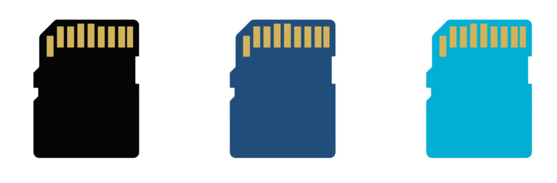 Three colorful micro sd memory cards icons in black blue and light blue Vector