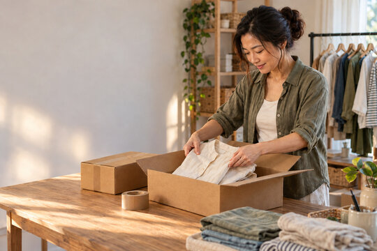 Asian entrepreneur packing clothing in a shipping box