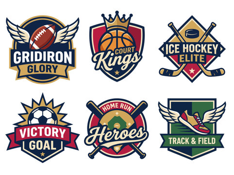 This image displays a vibrant collection of sports logos ideal for promoting athletic events, featuring football, basketball, hockey, soccer, baseball, and track themes.