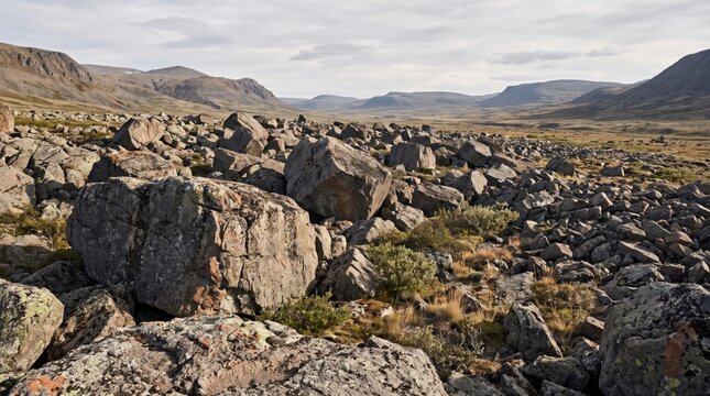 Large rockfall accumulation in a vast mountain valley landscape with