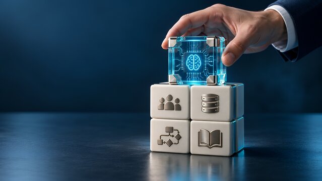 Hand placing glowing AI brain block on top of stacked business and technology icon blocks