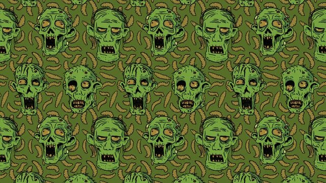 Seamless looping 2D animation pattern of creepy zombie heads with scary faces on an olive green background with mustard yellow maggots for Halloween events, game app UI, social media ads, web banners