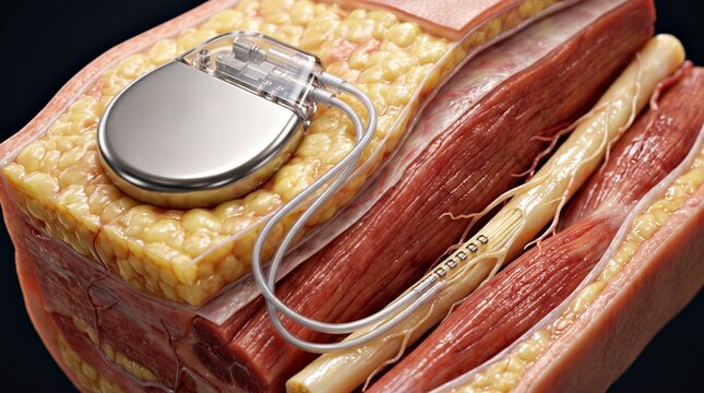 Biomedical visualization of an implantable neurostimulation device delivering controlled electrical impulses to targeted nerves for selected medical therapies.