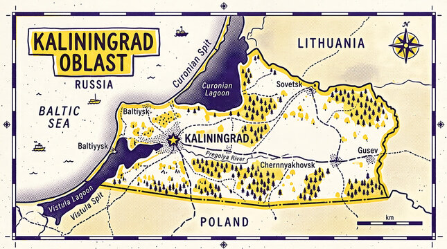 Illustrated map of the Kaliningrad region displaying coastal features and neighboring countries.
