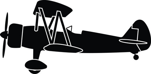 Side view silhouette of a vintage military biplane aircraft with propeller details isolated on white background © MDMAHABUB