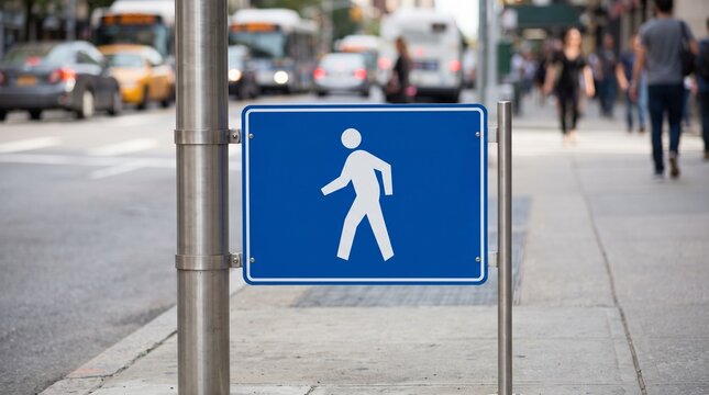 Blue pedestrian crossing sign with walking symbol on city sidewalk with blurred traffic and commuters in daylight
