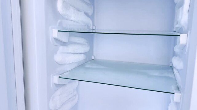 Frost-covered glass shelf inside empty freezer with white insulation lining sides