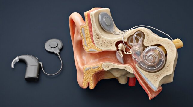 Detailed medical technology visualization of a cochlear implant system designed to restore hearing by electrically stimulating the auditory nerve.