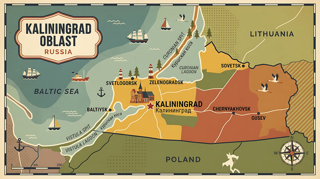 Map of Kaliningrad Oblast featuring watercolor textures and geographic labels along the Baltic Sea coast.