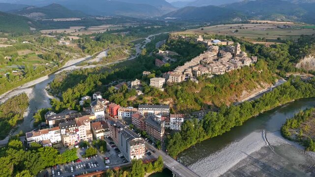 Aerial view above medieval village of Ainsa and castle in Spanish Pyrenees, Huesca, Spain