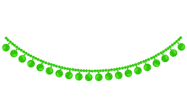 Green rhinestone chain border isolated on transparent background PNG. Emerald crystal hanging garland jewelry vector illustration. Bright lime diamond trim festive hanging decoration motif.
