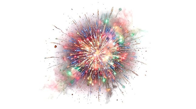 Vibrant multicolored festive firework burst with sparkling trails and smoke isolated on a clean white background for celebration designs