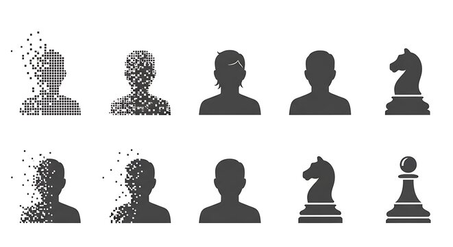 Digital identity concept with pixelated human silhouettes and chess pieces icons