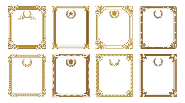 Vintage gold certificate frame vector set, ornate diploma borders with laurels and emblems, classic ornamental frame templates