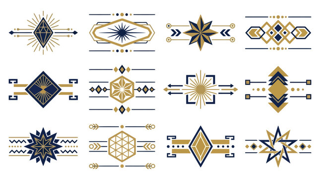 Art Deco Geometric Divider Elements, Vintage Gold and Blue Borders Collection, Luxury Ornamental Vector Accents