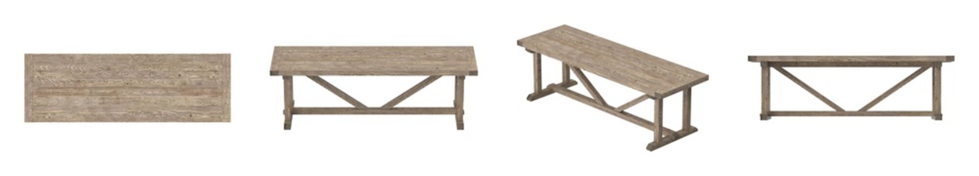 Set of rustic wooden bench 3d renders showing multiple views isolated on a clean white background