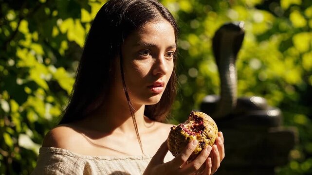 Eve Holding the Bitten Forbidden Fruit Beside a Serpent in the Garden of Eden, Biblical Genesis Scene of Temptation, Choice, Innocence, Sin, Disobedience, Free Will and the Fall of Humanity