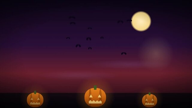 Vector Halloween night with glowing moon, flying bats and jack-o-lanterns