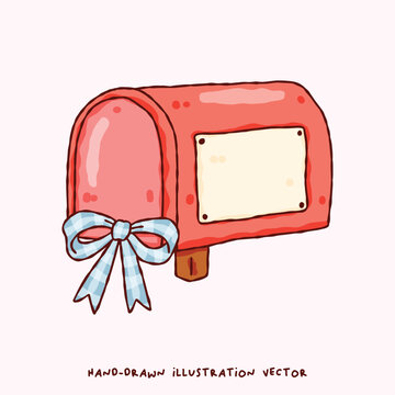 Cute Pink Mailbox with Blue Ribbon Bow Hand Drawn Cottagecore Happy Mail and Postal Illustration