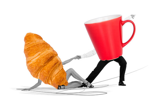 Pop zine 3d image collage of two anonym girl guy dance together instead body croissant bakery coffee cup beverage lunch party