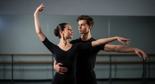 Ballet dancers rehearsing a partnered pose in a studio. Classical dance training and artistic performance. Ballet technique and choreography. Performing arts education.