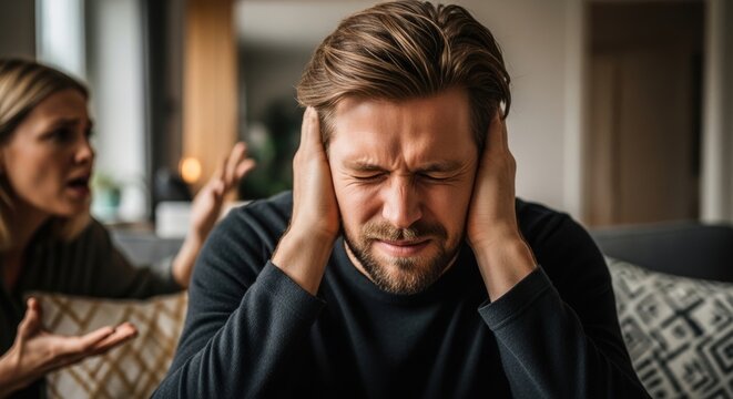 Man covering ears during argument with woman at home. Relationship conflict and communication problems. Stress, emotional distress and domestic tension concept. Couple disagreement