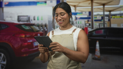 Woman wearing apron tapping a tablet at a gas station pump, smiling and checking orders on a handheld device  calm focus service. © Krakenimages.com
