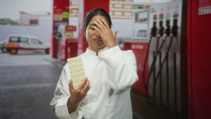 Chef woman in white coat holds white chocolate bar, hand to forehead gesture in front of fuel pumps at street  frustration. © Krakenimages.com