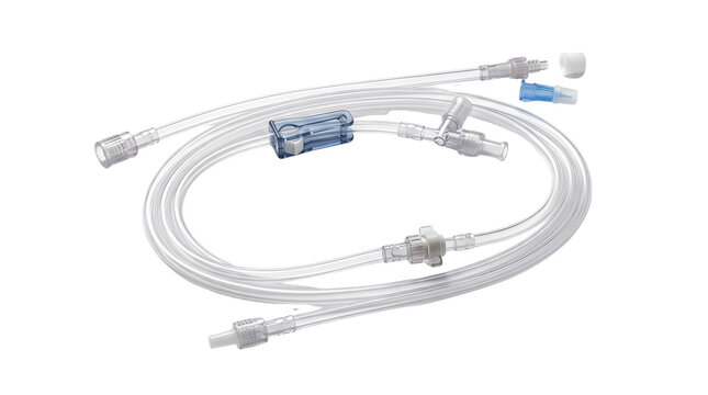 Medical IV tubing set with roller clamp and luer lock connectors, sterile plastic infusion catheter tube isolated on white background