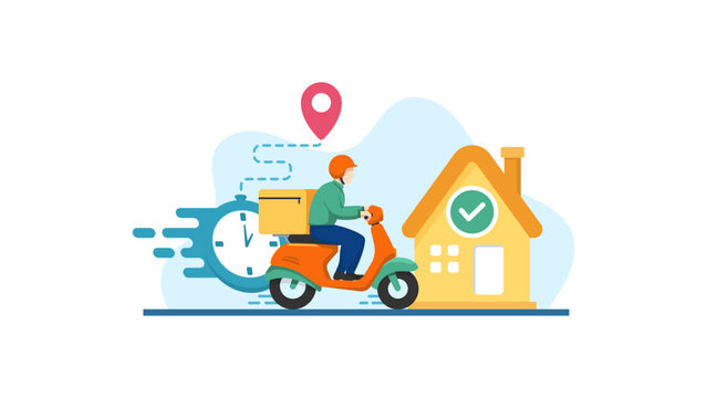 Modern flat vector illustration of same day delivery featuring an express courier, package, clock, and location tracking elements. Suitable for express shipping,  fast delivery, courier services, etc.