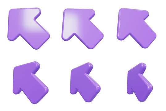 Set of six glossy 3D purple arrows pointing diagonally up