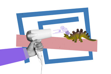 Trend artwork sketch design montage 3D collage of hand hold air blower fan tool device blow retro toy creepy dangerous dino haunted © deagreez