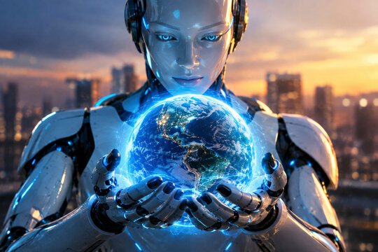 Humanoider Roboter h&auml;lt einen leuchtenden digitalen Globus vor einer modernen Stadtsilhouette bei Sonnenuntergang &ndash; futuristische KI-Konzeptkunst mit blau-orangefarbenem Licht.