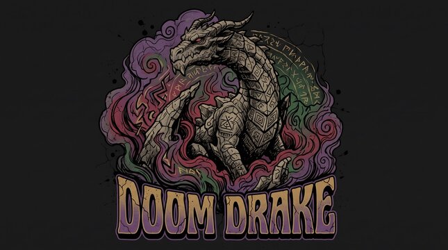 Fantasy dragon illustration with doom drake text for gaming or