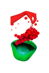 Fototapeta premium Sketch image 3d pop banner collage of hand feed open mouth sweet grocery wine grape berry summer organic harvest nutrition